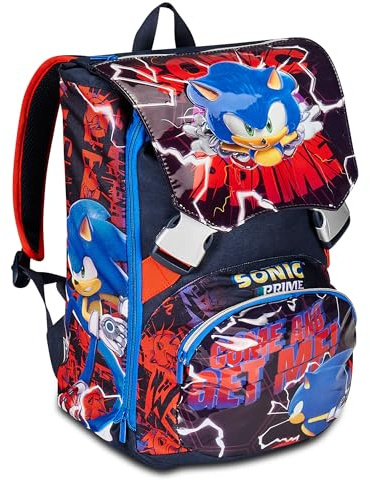Seven Sonic Prime Sac à dos d'écolier extensible avec double fermeture éclair et porte-bouteille pour enfant Bleu