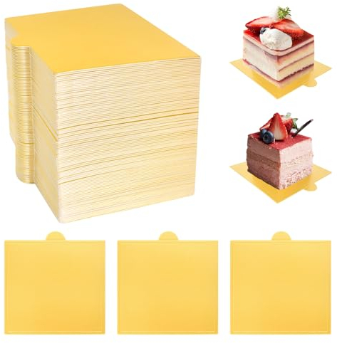 100 Pièces Planches à Gâteaux La Mouss, Plateau à Gâteau Carré en Carton, Mini Bases de Gâteau en Carton pour Gâteau en Mousse Dorée, Support à Gâteau avec Languette pour Cupcakes, Desserts (9x8.4cm)