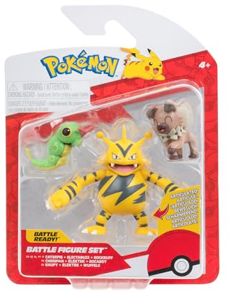 Pokémon PKW3892 – Juego de Figuras de Batalla – Raupy, Wuffels, Elektek, Figuras Oficiales