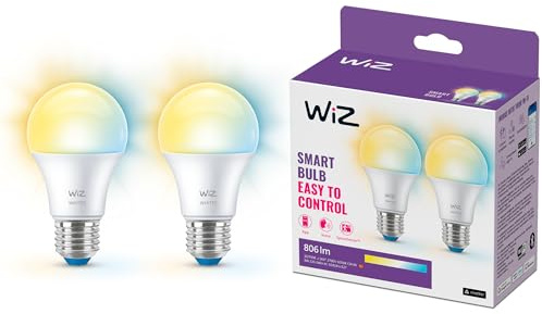 WiZ Smart LED A60 Bulb, Warm to Cool White, E27-Sockel, 60W, 806 Lumen, dimmbar, funktioniert mit Alexa, Google Assistant, und Apple HomeKit, 2er Pack