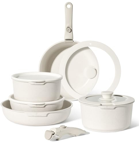 Just Perfecto Essential Batteria di Pentole 11 Pezzi, Manici Amovibili Padella con Casseruola Fonda, Padella, Tegame, Wok, Coperchi, Antiaderenti per Induzione,Lavastoviglie, Gas e Forno (Beige)