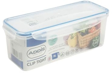 Addis Clip Tight Food Storage Container 2 Litre Narrow Rectangle Airtight Silicone Seal Containers Bpa Free Easy Locking Lid Clips, Clear Transparent