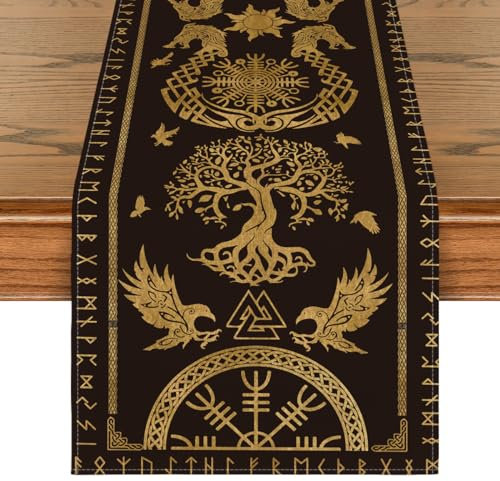 Artoid Mode Black Gold Viking Tree of Life Raven Helm of Awe Table Runner, Seasonal Kitchen Dining Table Decoration for Home Party Decor 40x180 cm