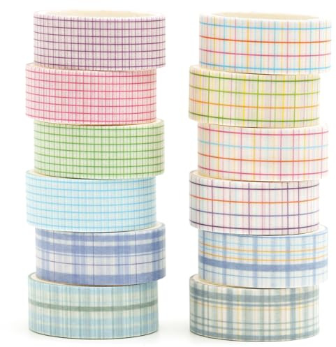 Songdao Rutnät Washi Tape set 12 rullar skotskrutigt tyg, dekorativ tejp, färgglad för scrapbooking, bullet dagbok, planerare, presentförpackning (stil tre)