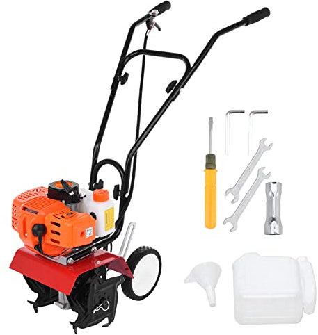 52cc Petrol tiller garden rotavator, cultivator garden tool with 4 Blades 2 Stroke Engine Power 3HP/1.65KW, Lawn Soil Cultivator Rotovator 9000RPM Working Depth 7.9-inch (Orange)