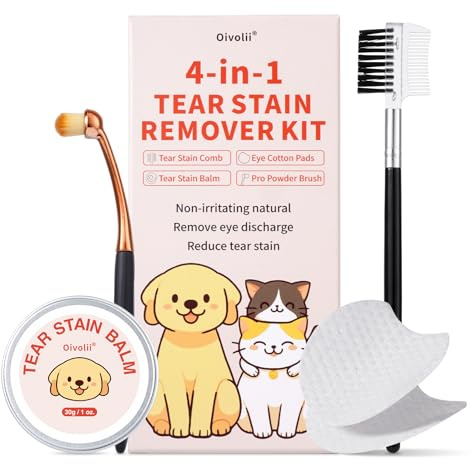 Oivolii Tear Stain Remover Kit for Dogs & Cats with Tear Stain Comb, Tear Stain Balm, Eye Cotton Pads, Pro Powder Brush Gently Remove Tear Stain, Eye Debris, Discharge, Mucus Secretions