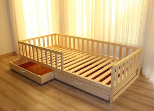 HOMEforDREAMS Naturholz-Bettgestell mit Sicherheitsgeländern und 2 ausziehbaren Schubladen, platzsparendes Design mit einfacher Montage (140x90cm)