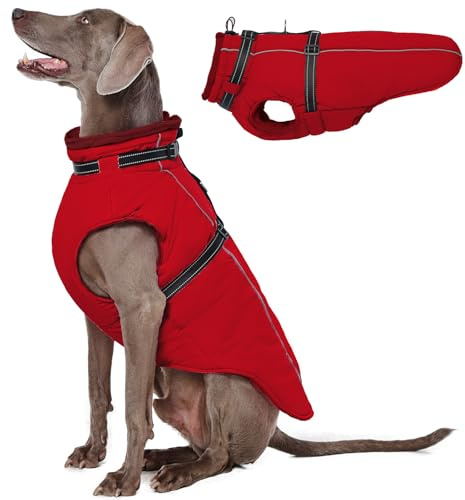 Lelepet Hundemantel für den Winter, Warme Hundejacke mit integriertem Geschirr, Winddicht Mantel mit Fleece Gefüttert für Hunde, Reflektierende Hundeweste für Kaltes Wetter, Rot XL