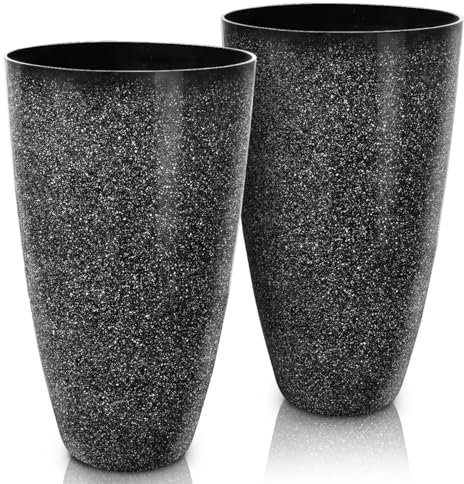Megawodar Paquete de 2 macetas cónicas altas de resina plástica resistente con agujeros de drenaje para interiores y exteriores, terraza, porche, jardín, hogar, patio, puerta delantera (negro, L)