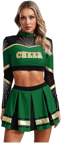 Alvivi Cheer Leader Kostym, cheerleading-klänning, långärmad crop toppar + skaterkjol, cheerleading uniform, karnevalskostym, grön, M