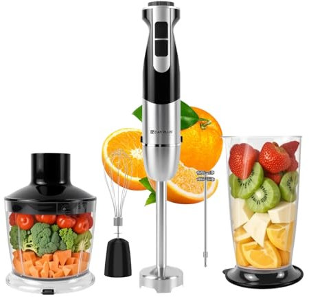 5-in-1 Handheld Blender, 800W Immersion Blender with 12-Speed Adjustable Settings, Stainless Steel Blade, Includes 600ml Beaker, 500ml Chopper, Whisk & Milk Frother, BPA-Free & Easy to Clean