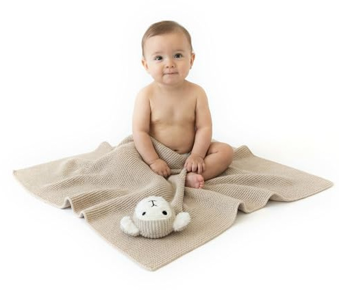 Little Dedi Babydecke aus 100% Bio-Baumwolle, Hellbraun 80x100 cm Handgefertigte Kuscheldecke mit niedlichem Schaf-Design, Weich, atmungsaktiv und maschinenwaschbar, Neugeborene und Babys