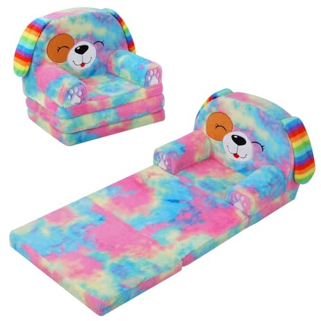 decalsweet Sofá Plegable de Felpa para Niños con Respaldo Sillón 2 en 1, Cómoda Ligero Estable Sillón Infantil con Cremallera, Sofá Cama para Bebé para Dormitorio Sala de Juegos, Mini Sofa (Perro)
