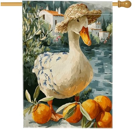 Gartenflagge für Frühling und Sommer, weißer Quackvogel mit Strohhut und Orangen, Heimdekoration, Banner, doppelseitige Jute-Hofflagge, Outdoor-Rasendekoration, 71,1 x 101,6 cm