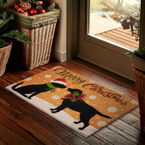 BRUBAKER Weihnachtsfußmatte - Merry Christmas Fußmatte für Außen & Innen | Hunde mit Weihnachtsmütze, Schleife & Schneeflocken - 45 x 75 cm Schmutzfangmatte Weihnachten - Wetterfest & Rutschfest