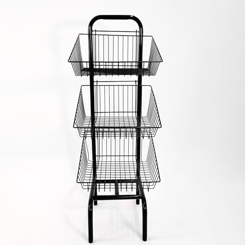 My Shopfittings 3 Tier Black Wire Basket Stand | Freestanding Display Rack for Bread, Snacks, Clothing & Retail Goods | 117cm Tall | Durable Nylon-Coated Wire | Tool-Free Assembly