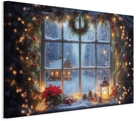decomonkey Wandbilder Weihnachtsfenster 60 x 40 cm 1 Teilig Leinwandbilder | Strukturleinwand, Holzkeilrahmen, Bild auf Leinwand, Kunstdruck, Wanddeko, Wohnzimmer, Wanddekoration, Geschenke, Fenster