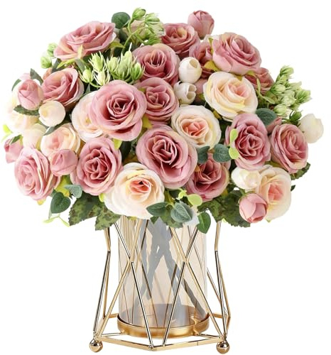 Künstliche Blumen Rosen Kunstblumen Wie Echt Künstlich Blumenstrauß 2 Bündel Kunstrosen Gefälschte Rosenstrauß Künstlich Seidenblumen Rosa Blumen für Heim Küche Hochzeitsfeier Dekor (2, Rosa)