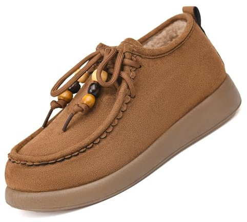 GHTRHSB Mocasines de gamuza con cuentas para mujer, con forro polar, de algodón, informales, cómodos, con puntera redonda, con cordones, Brown, 39 EU