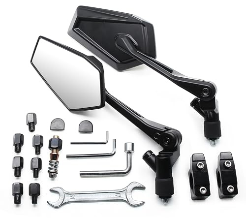 MZS Motorcycle Mirrors for Handlebars, Anti-impact Foldable ATV Mirrors with CNC Mount, Universal 10mm 8mm Motorbike Rear View Side Mirror Black Compatible with Street Dirt Electric Adventure Bike