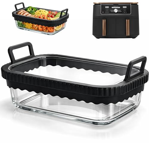 Hivio Fuente negra para freidora de aire caliente Ninja AF400EU/DZ400EU/AF500EU/COSORI Freidora de aire caliente 2 cámaras, accesorios de airfryer de cristal, sin BPA, anillo de silicona extraíble