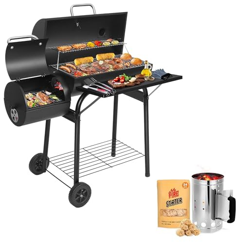 Charcoal BBQ Offset Smoker Grill with Charcoal Starter, Large Capacity Barrel BBQ for Garden Patio, Birthday Gifts for Men Dad Husband