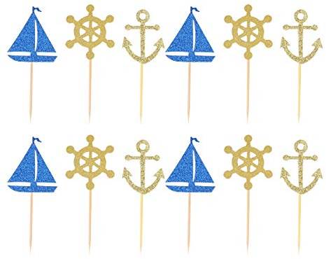 Toyvian Lot de 24 décorations de gâteau en forme de bateau - Motif ancre nautique - Pour cupcakes sur le thème hawaïen, fête prénatale, fête d'anniversaire, mariage