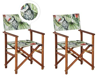 Beliani Zwei Gartenstühle Dunkles Akazienholz Textil cremeweiß/bunt Tukanmotiv Cine