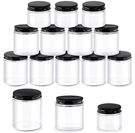 Glarks Lot de 12 bocaux en verre ronds avec couvercles, Bocaux en verre transparent avec doublure intérieure et couvercles noirs pour stocker les crèmes, produits de beauté, cosmétiques, lotions et