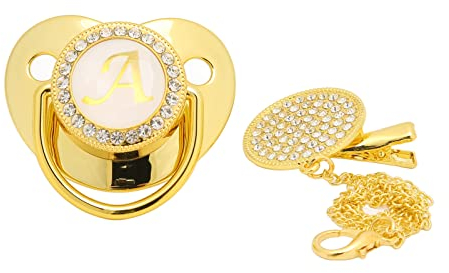SUNGOOYUE Goldener Baby-Schnuller, 26 Buchstaben, gebogenes Design, Silikon-Bling-Baby-Schnuller mit Clips für 6 bis 18 Monate Baby A