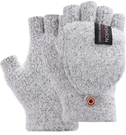 Thinp Fingerless Gloves for Women and Men - Winter Warm Wool Knit Flip With Cover Convertible Mittens (Grey)