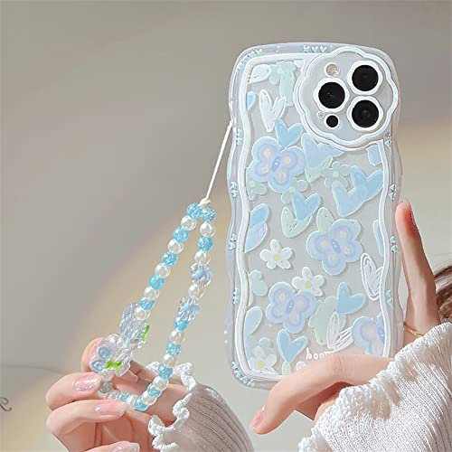 Tybiky iPhone 13 Pro Case Silicone Cover with Glitter Pearl Wrist Strap Chain Glitter Flower Pattern Bracelet Laser Protection Wave Edge TPU Pearl Design Women Girl Case for iPhone 13 Pro.