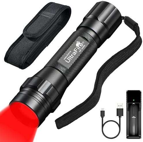 ULTRAFIRE Red Light LED Torch 620-630nm Zoomable Red Hunting Torch with Holster, Single Mode Small Red Hunting Light for Night Vision, Fishing, Astrophotography, WF-508R