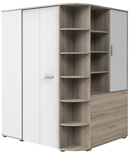 Lomadox begehbarer Eckkleiderschrank, Kleiderschrank mit Falttür Jugendzimmer mit Beleuchtung in Eiche Nb. mit weiß, B/H/T: ca. 124/201/148 cm