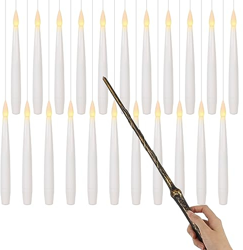 Eldnacele 22 Stück Flackernde Schwebende Kerzen mit Zauberstab und 6H Timerfunktion, LED Stabkerzen mit Fernbedienung, Flammenlose Hängende Fliegende Kerzen für Halloween Deko (15,5 cm, weiß)