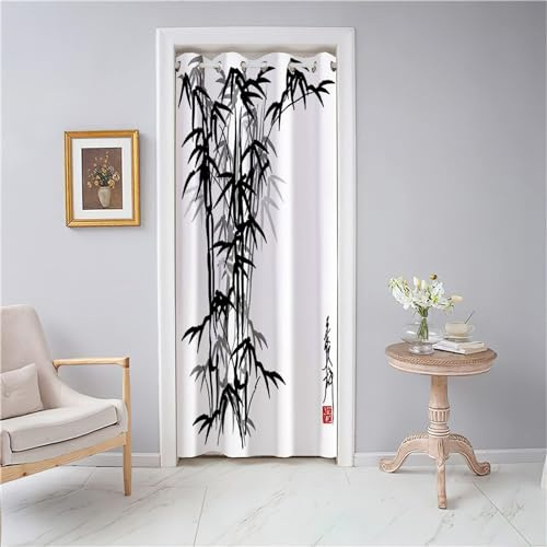 Odot Verdunkelungsvorhänge mit Ösen, Bambusblätter Muster Raumteiler Vorhang Türvorhang Thermo Blackout Thermovorhang Winter Kälteschutz Türvorhang für Tür Schrank (120x200cm,Chinesisch Stil)