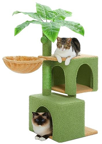 PETEPELA 110cm Cactus Cat Tree for Indoor Cats Green Cat Tower with 2 Large Condos, Hammock, Sisal Scratching Post, Hanging Pompom, Green