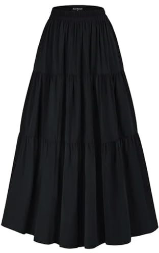 Damen-Stufenrock, elastisch, hohe Taille, Swing-Rock, Vintage-Damenrock, unregelmäßiger Saum, Volants, Lange Röcke, Schwarz, S