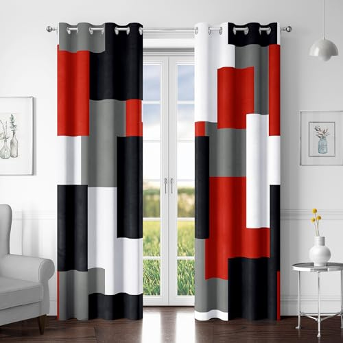 Tyrot Red Black 100% Blackout Curtains for Bedroom 63 inch Length 2 Panels Set White Grey Modern Abstract Geometric Black Out Curtains Christmas Red Room Darkening Window Drapes Living Room, 52Wx63L
