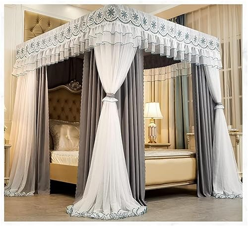 Betthimmel Vier Jahreszeiten Luxus-Bettvorhang, Schlafzimmerdekoration Betthimmel 360°-Schutz Einzel-Doppelbett-Vorhang, mit Edelstahl-Montagehalterung (Farbe: Grau, Größe: 200 x 2