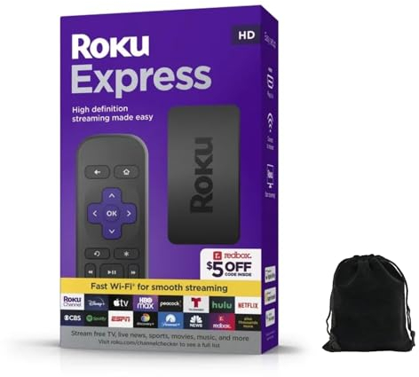 Roku Express HD Streaming Device with High-Speed HDMI Cable, Standard Remote (No TV Controls) and Fast Wi-Fi, Includes Pouch
