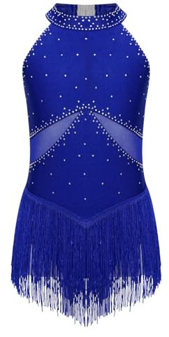 Agoky Mädchen Strass Leotard mit Fransen Mesh Patchwork Tanz Body Eiskunstlauf Kleider Latein Rock Dancewear Blau 122-128