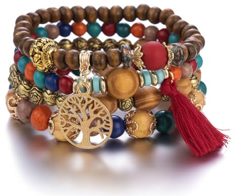 XBFOCNH 4 Stück Boho Armbänder Holzperlen Quaste Armband, Chakra Armband für Frauen, Natürliches Kristall heilsteine armband, Frauen Baum des Lebens Charm Statement Armreifen