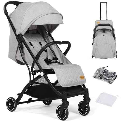 Hello-5ive Lightweight Travel Stroller Compact Baby Pushchair with Adjustable Seat, Mosquito Net, Rain Cover, One-Hand Folding Buggy with 5-Point Harness for Toddlers from Birth to 15kg (Light Grey)