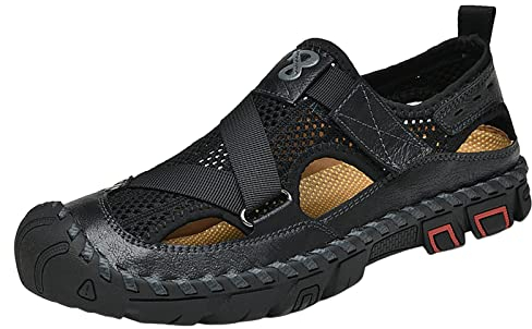 kosopse Orthopädische Schuhe Herren 49 koreanische Ausgabe, Slip-on-Strandlederschuhe aus Rindsleder Sandalen Mit Zehenring Für Herren (Black, 43)