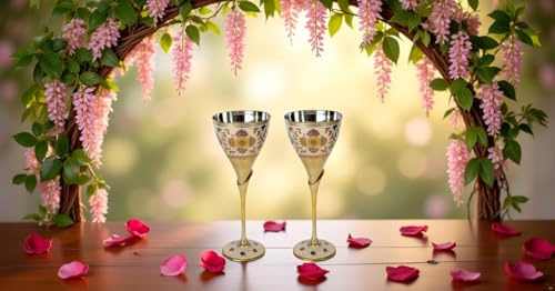 Lot de 2 verres à vin Kashmiri Royal en laiton massif, fait à la main, tasse à vin de qualité supérieure, décoration médiévale, calice gothique, gobelet élégant antique