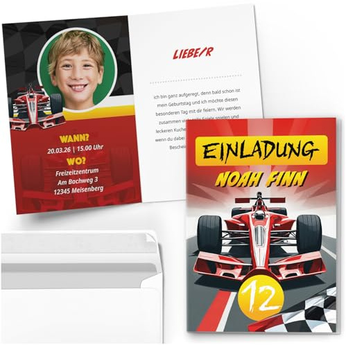 10 Einladungskarten Kindergeburtstag personalisiert mit Text und Foto | MOTIV Rennwagen Rennfahrer Auto | Kinder Geburtstag Einladung individuell anpassbar mit Umschlägen