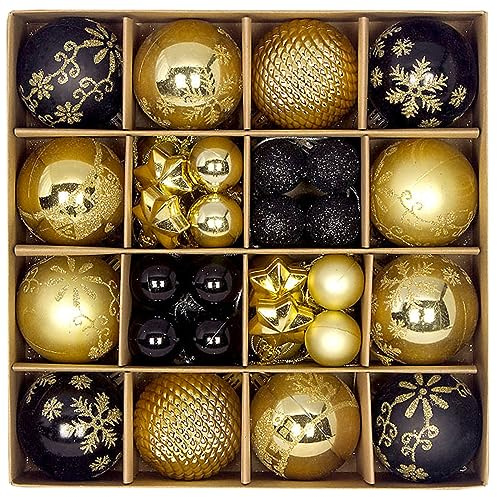 44 Stück Weihnachtskugeln Splitterfreie Weihnachtskugel Weihnachtsbaum Hängende Ornamente Glänzend Schwarz Gold Dekoration Kugel (Black Gold, 44Pcs)