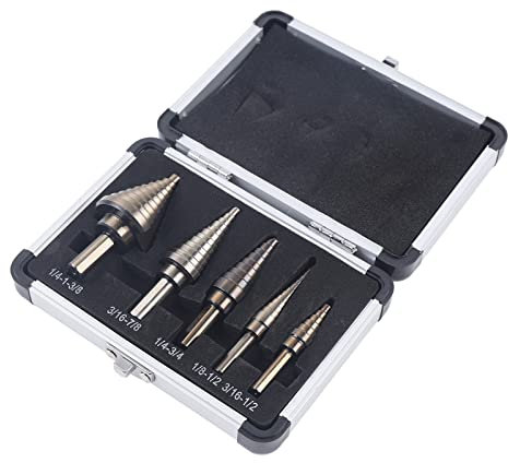 HSS Spiralnut Stufenbohrer Set, 5-tlg Schälbohrer Kegelbohrer Fräsbohrer Kunststoffe Blechbohrer, Profi Metallbohrer Bohrer Satz, für Metall, Holz, Kunststoffe