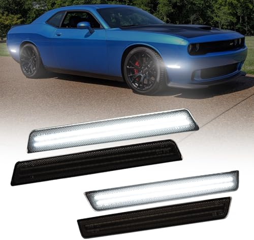AUTOONE White LED Side Marker Lights Compatible With Dodge Challenger 2015-2023, Front & Rear Bumper Marker Lamps, Corner Parking Lamp & Smoked Len, Pack of 4